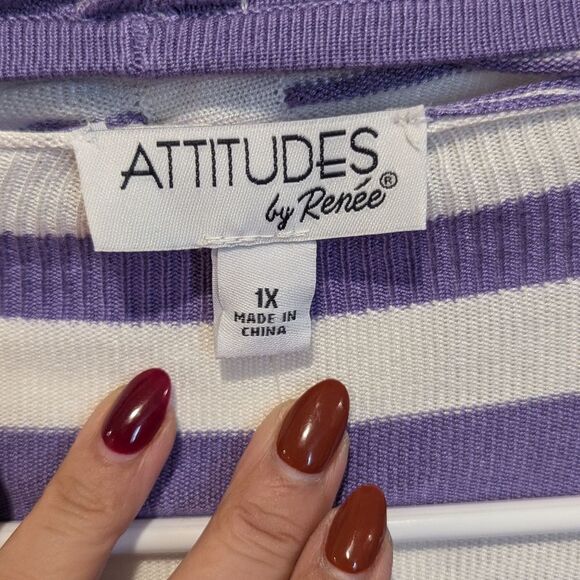Attitudes By Renee Size 1X Purple & White Striped Open Front Cardigan Sweater - Picture 4 of 11